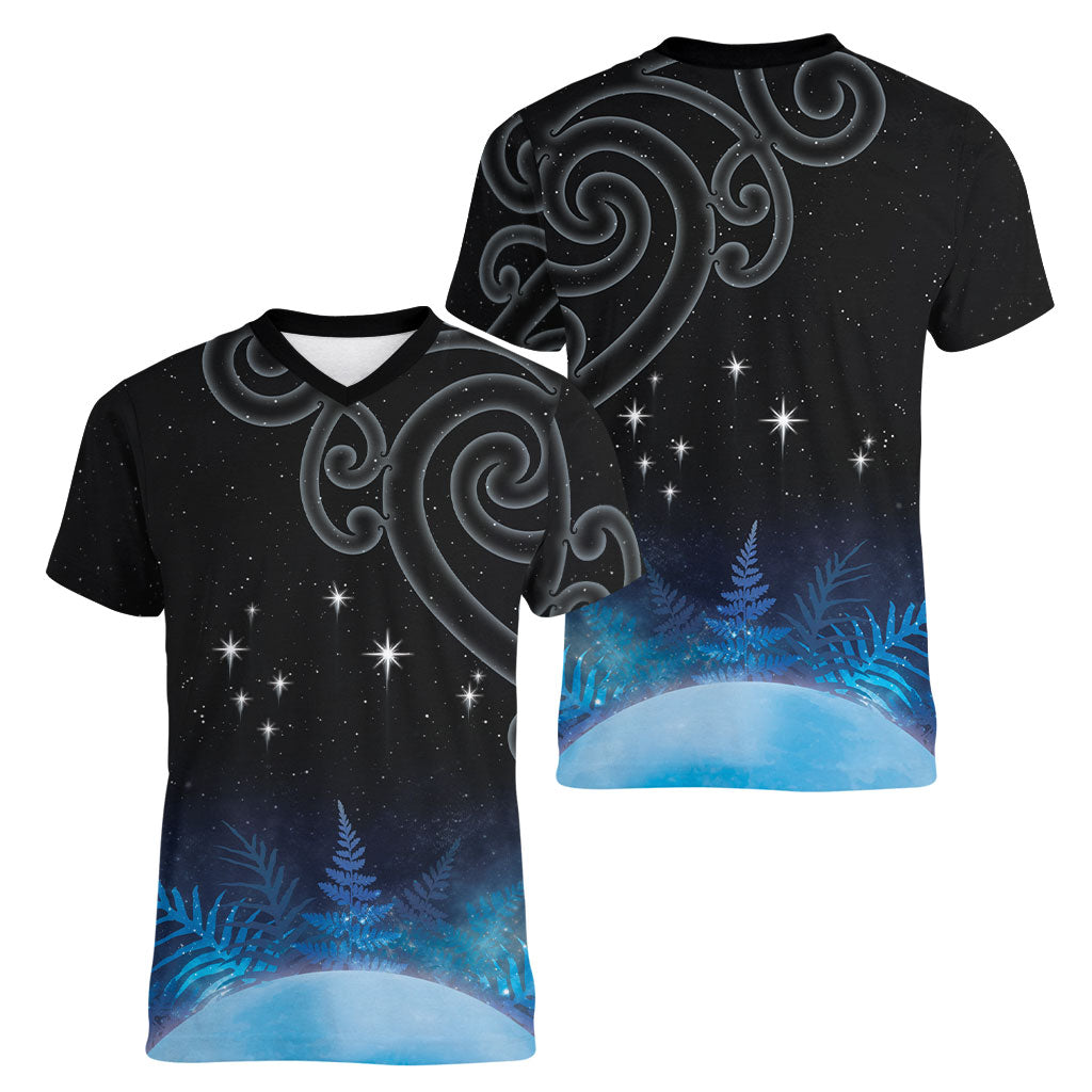 New Zealand Matariki Women V-Neck T-Shirt Pleiades Star Cluster Blue Galaxy LT05 - Polynesian Pride