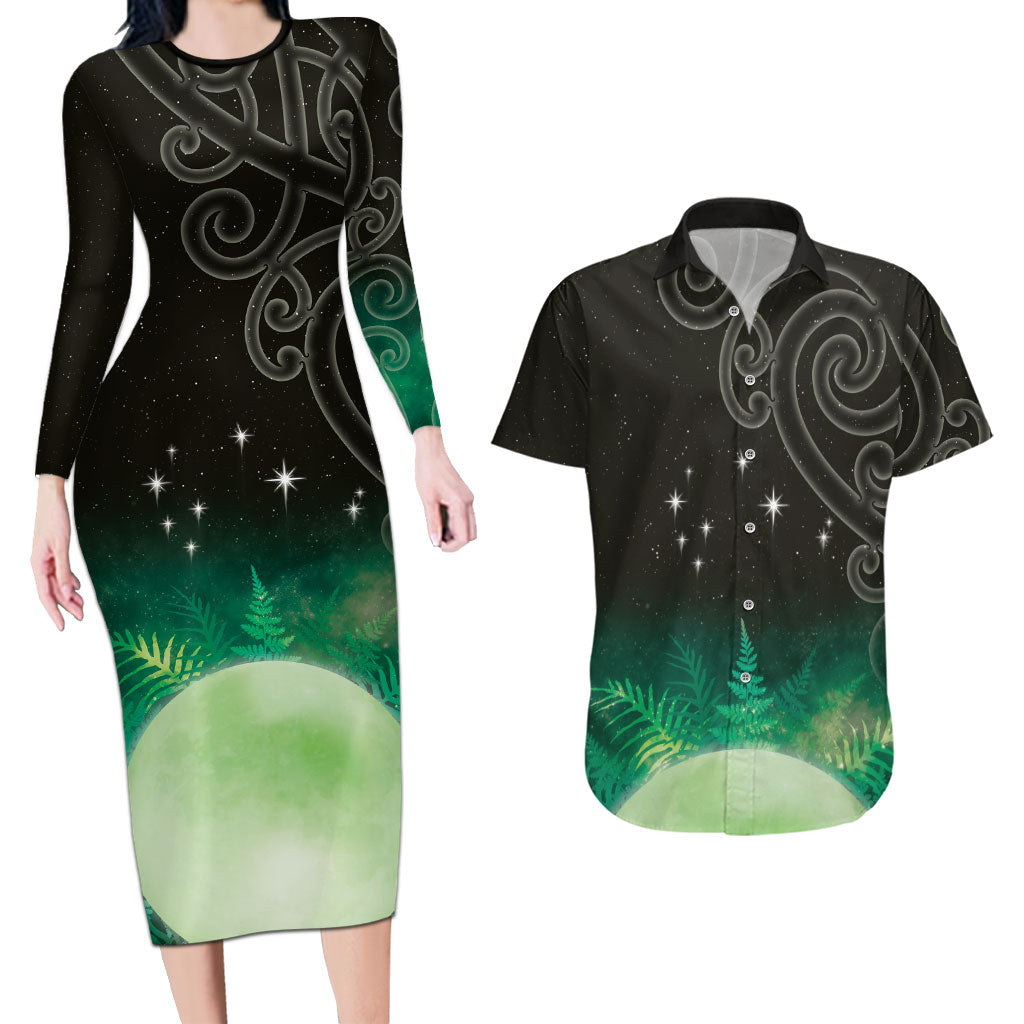 New Zealand Matariki Couples Matching Long Sleeve Bodycon Dress and Hawaiian Shirt Pleiades Star Cluster Green Galaxy LT05 Green - Polynesian Pride