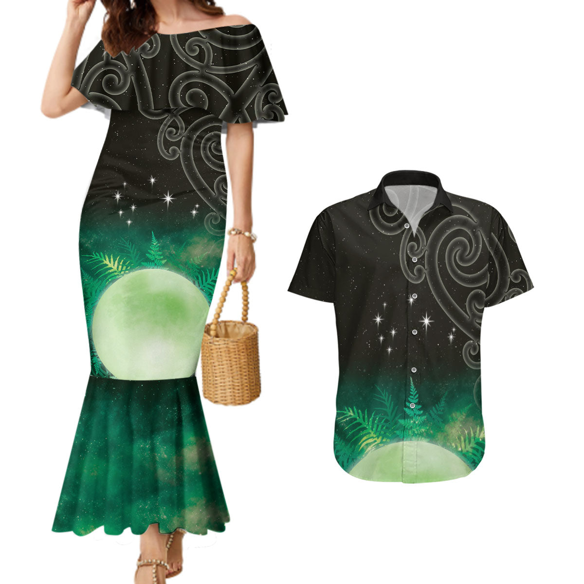 New Zealand Matariki Couples Matching Mermaid Dress and Hawaiian Shirt Pleiades Star Cluster Green Galaxy