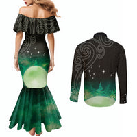 New Zealand Matariki Couples Matching Mermaid Dress and Long Sleeve Button Shirt Pleiades Star Cluster Green Galaxy LT05 - Polynesian Pride