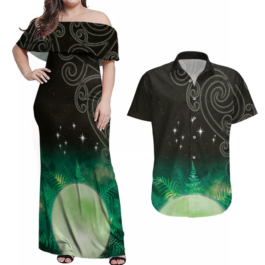 New Zealand Matariki Couples Matching Off Shoulder Maxi Dress and Hawaiian Shirt Pleiades Star Cluster Green Galaxy LT05 Green - Polynesian Pride
