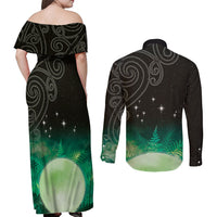 New Zealand Matariki Couples Matching Off Shoulder Maxi Dress and Long Sleeve Button Shirt Pleiades Star Cluster Green Galaxy LT05 - Polynesian Pride