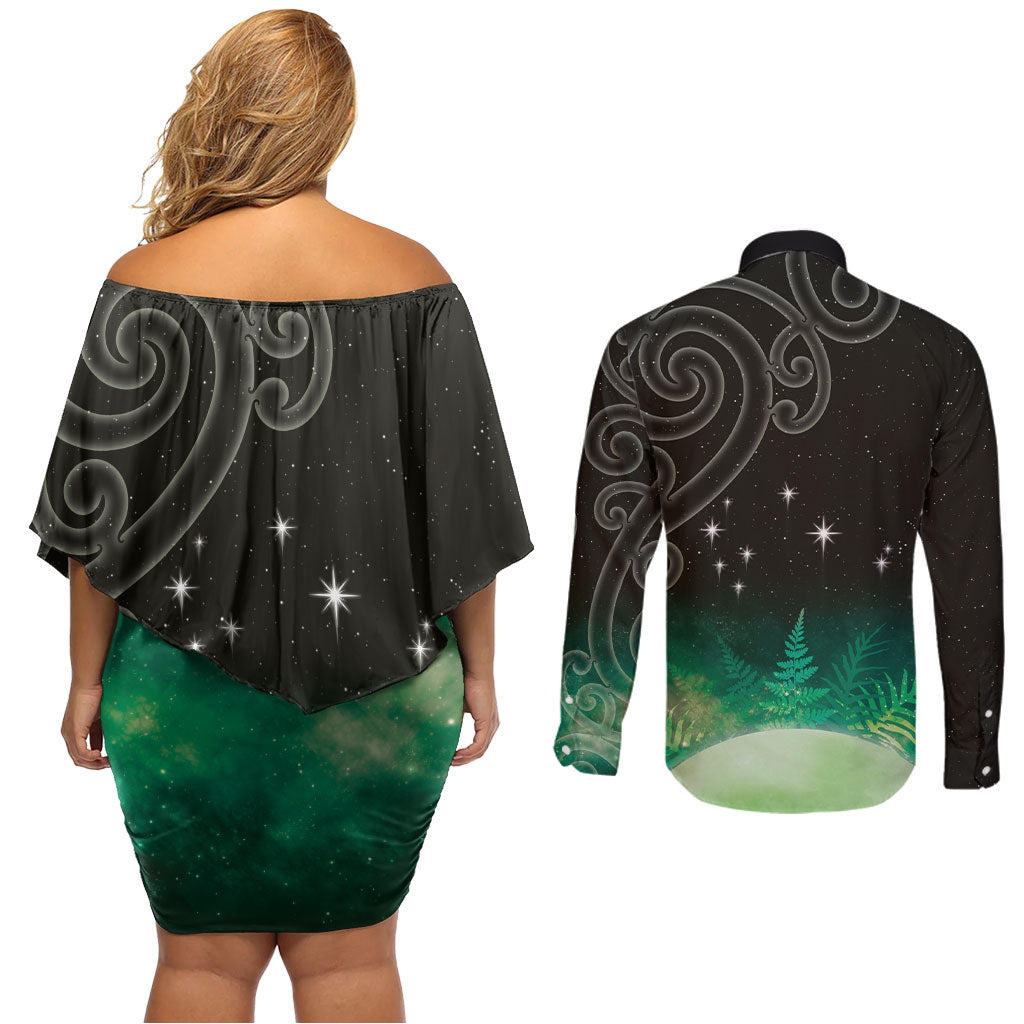 New Zealand Matariki Couples Matching Off Shoulder Short Dress and Long Sleeve Button Shirt Pleiades Star Cluster Green Galaxy LT05 - Polynesian Pride