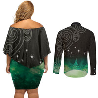 New Zealand Matariki Couples Matching Off Shoulder Short Dress and Long Sleeve Button Shirt Pleiades Star Cluster Green Galaxy LT05 - Polynesian Pride