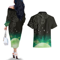 New Zealand Matariki Couples Matching Off The Shoulder Long Sleeve Dress and Hawaiian Shirt Pleiades Star Cluster Green Galaxy LT05 - Polynesian Pride