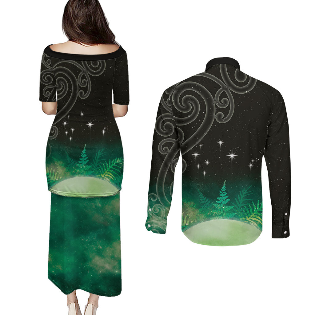 New Zealand Matariki Couples Matching Puletasi and Long Sleeve Button Shirt Pleiades Star Cluster Green Galaxy LT05 - Polynesian Pride