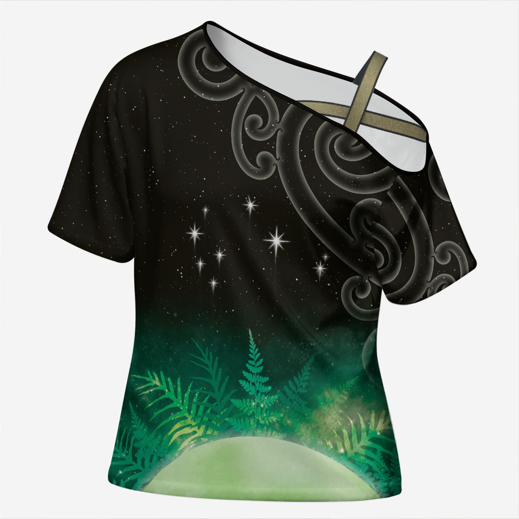 New Zealand Matariki Cross Shoulder Shirt Pleiades Star Cluster Green Galaxy