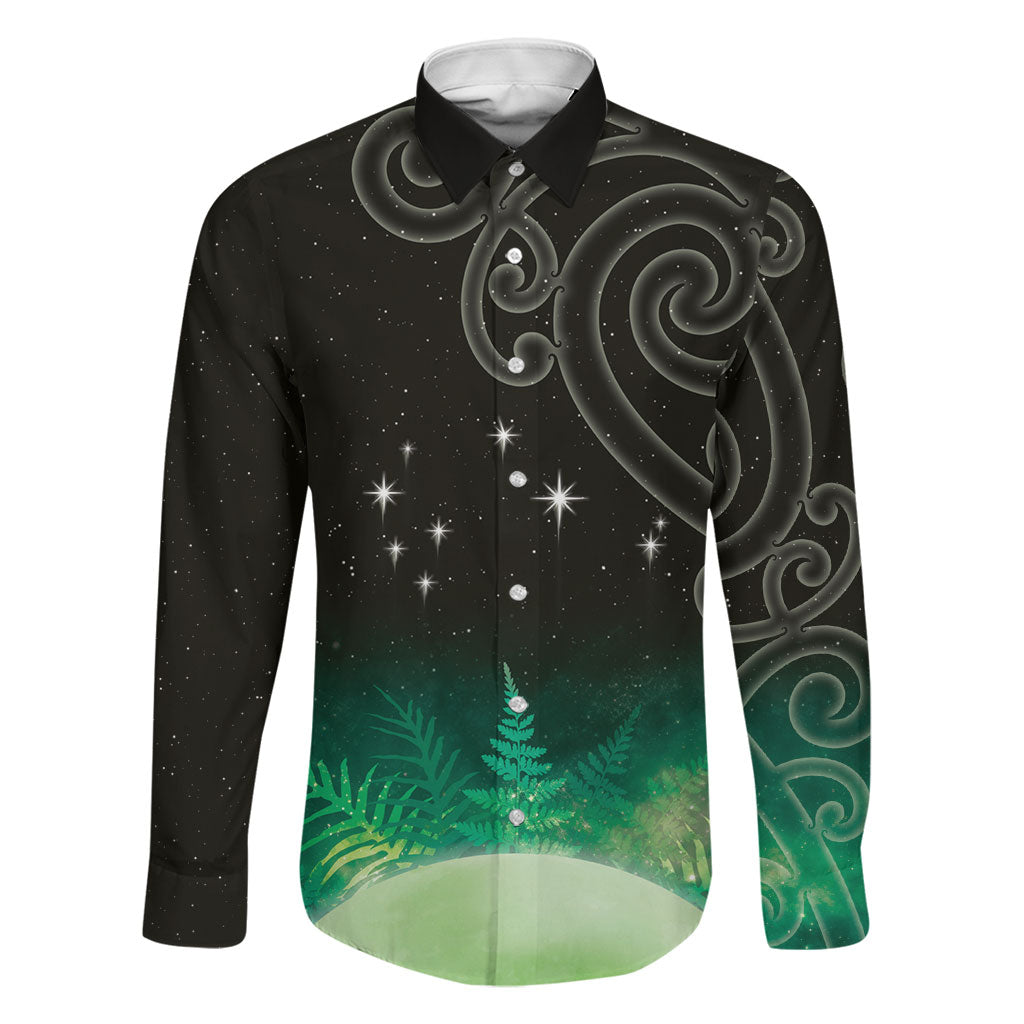 New Zealand Matariki Family Matching Long Sleeve Bodycon Dress and Hawaiian Shirt Pleiades Star Cluster Green Galaxy LT05 Dad's Shirt - Long Sleeve Green - Polynesian Pride