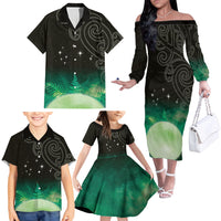 New Zealand Matariki Family Matching Off The Shoulder Long Sleeve Dress and Hawaiian Shirt Pleiades Star Cluster Green Galaxy LT05 - Polynesian Pride