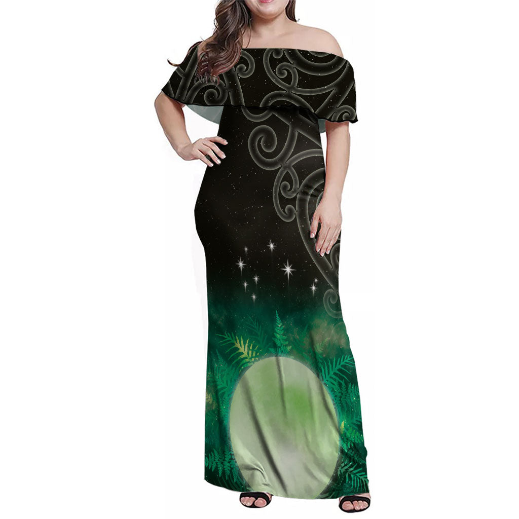 New Zealand Matariki Family Matching Off Shoulder Maxi Dress and Hawaiian Shirt Pleiades Star Cluster Green Galaxy LT05 Mom's Dress Green - Polynesian Pride