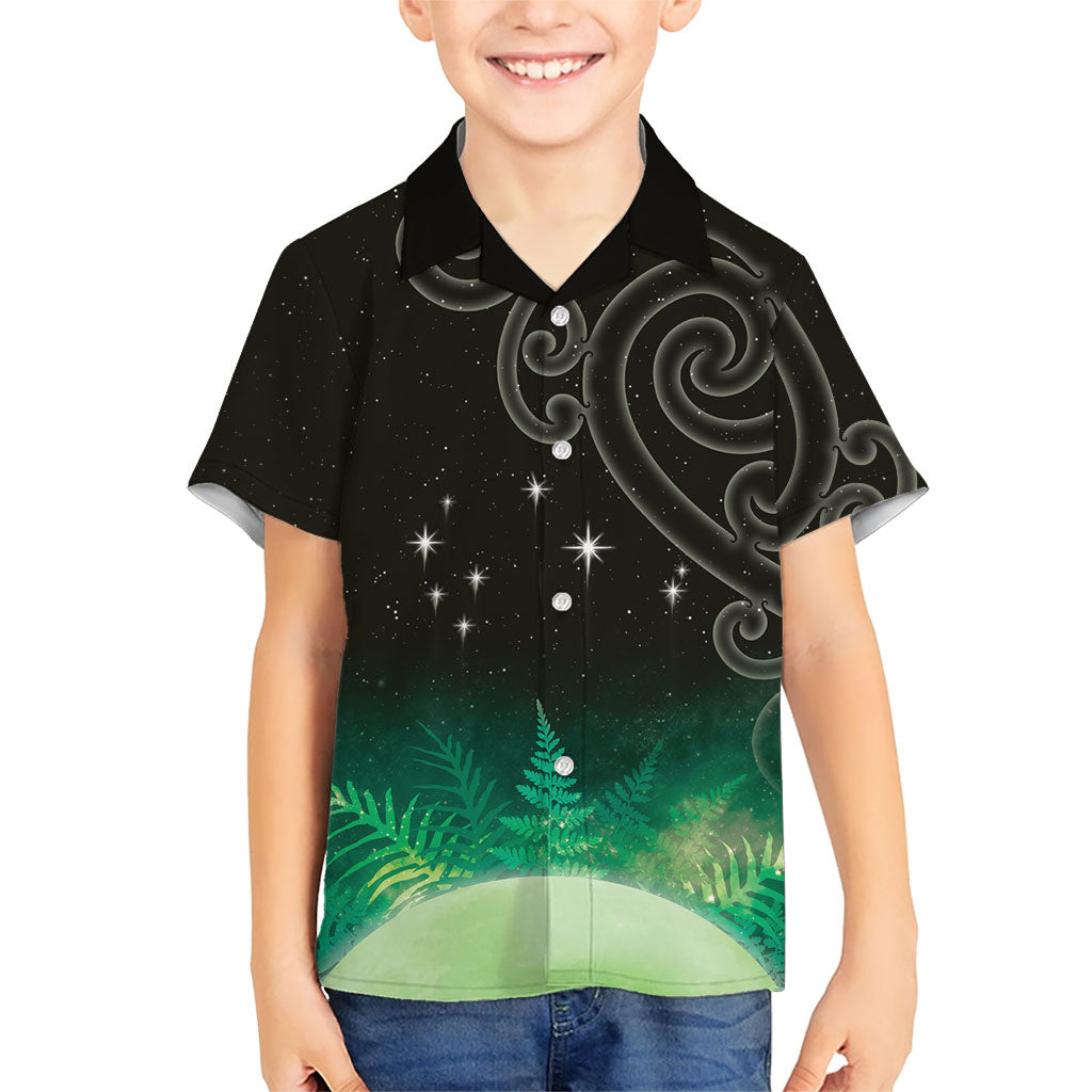 New Zealand Matariki Family Matching Off Shoulder Maxi Dress and Hawaiian Shirt Pleiades Star Cluster Green Galaxy LT05 Son's Shirt Green - Polynesian Pride