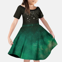 New Zealand Matariki Family Matching Off Shoulder Short Dress and Hawaiian Shirt Pleiades Star Cluster Green Galaxy LT05 Daughter's Dress Green - Polynesian Pride