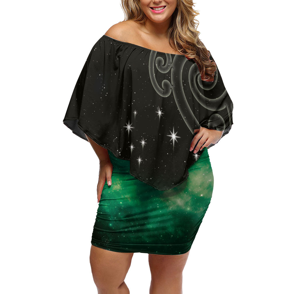 New Zealand Matariki Family Matching Off Shoulder Short Dress and Hawaiian Shirt Pleiades Star Cluster Green Galaxy LT05 Mom's Dress Green - Polynesian Pride