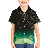 New Zealand Matariki Family Matching Off Shoulder Short Dress and Hawaiian Shirt Pleiades Star Cluster Green Galaxy LT05 Son's Shirt Green - Polynesian Pride