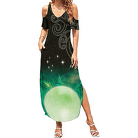 New Zealand Matariki Family Matching Summer Maxi Dress and Hawaiian Shirt Pleiades Star Cluster Green Galaxy LT05 Mom's Dress Green - Polynesian Pride