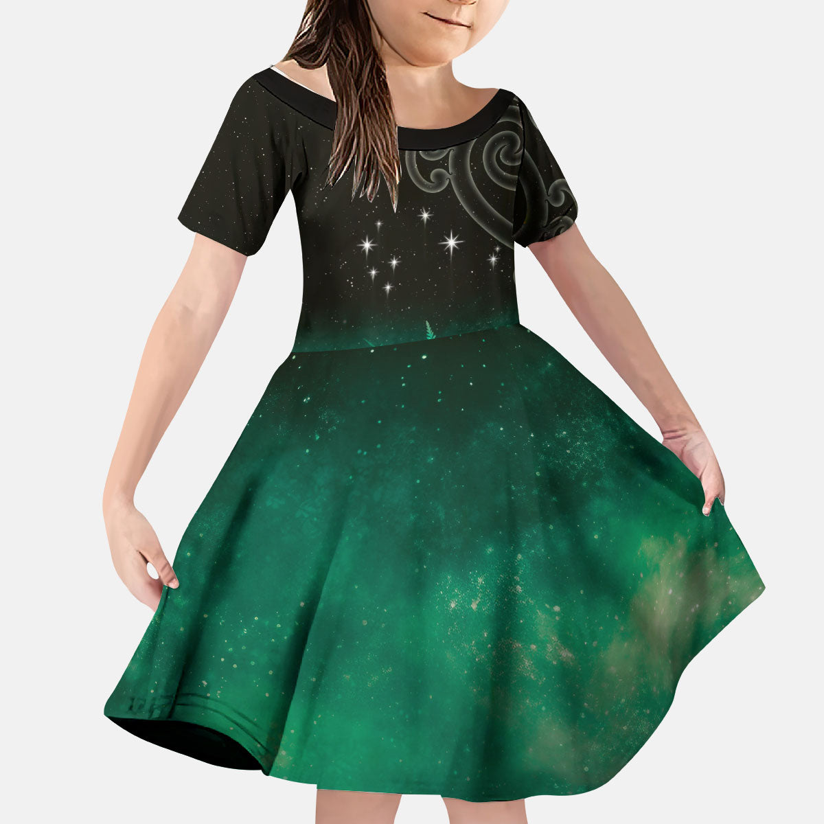 New Zealand Matariki Kid Short Sleeve Dress Pleiades Star Cluster Green Galaxy