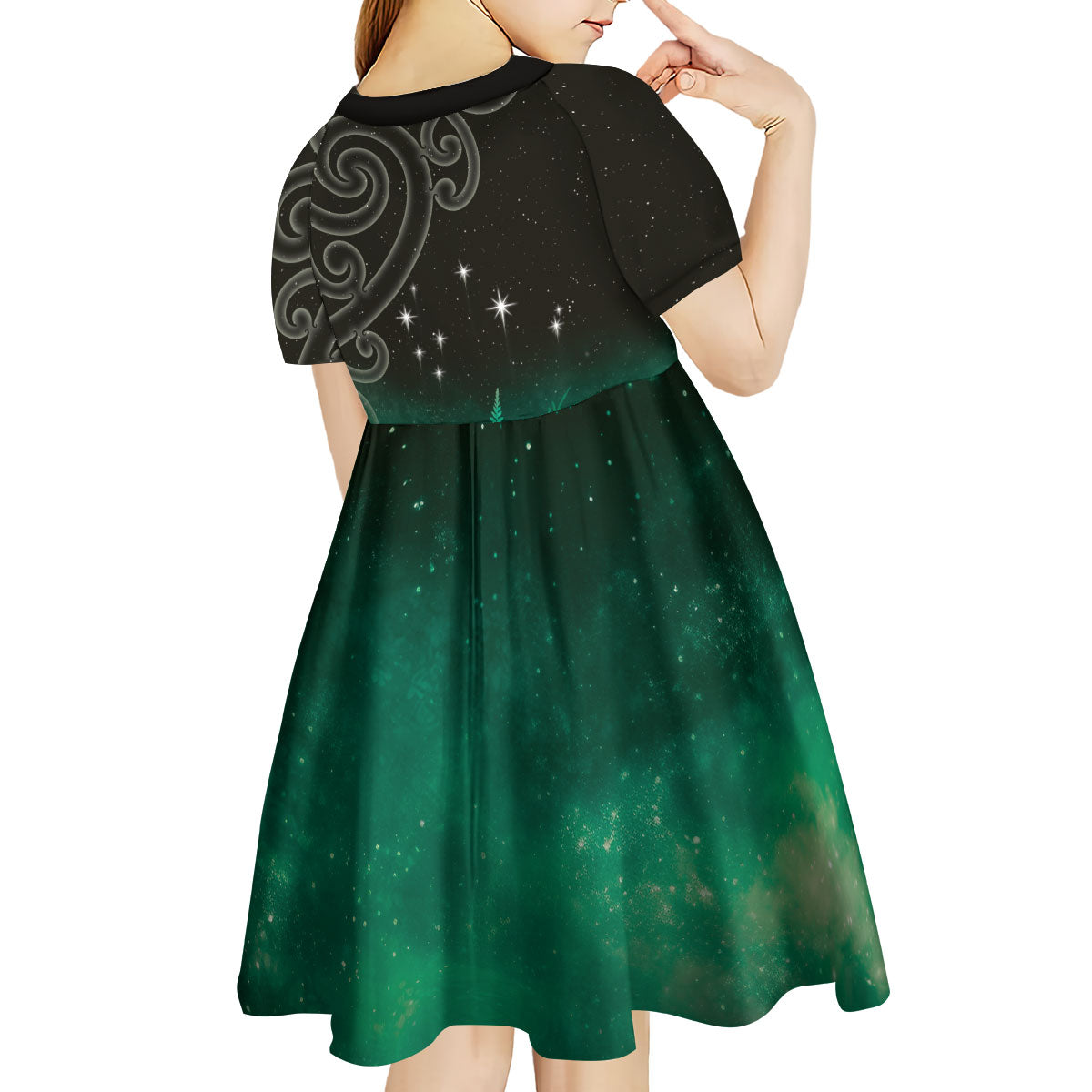 New Zealand Matariki Kid Short Sleeve Dress Pleiades Star Cluster Green Galaxy LT05 - Polynesian Pride