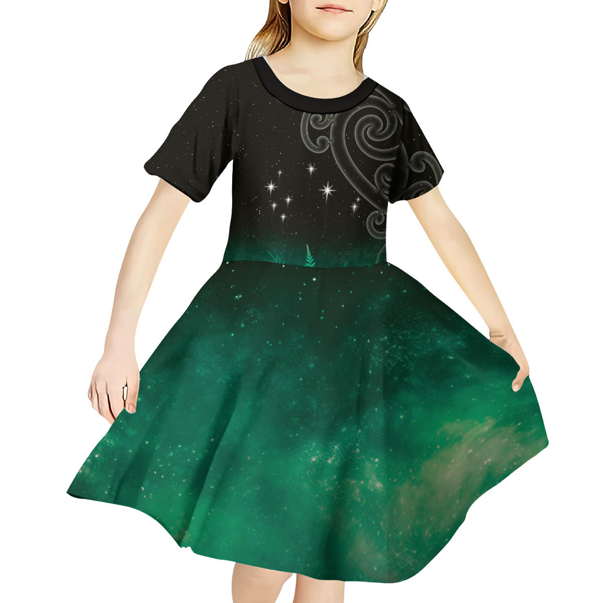 New Zealand Matariki Kid Short Sleeve Dress Pleiades Star Cluster Green Galaxy LT05 - Polynesian Pride