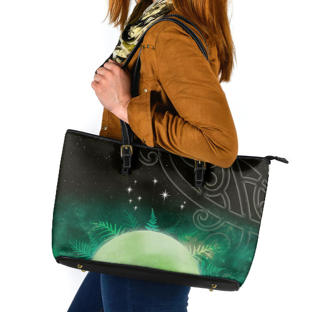 New Zealand Matariki Leather Tote Bag Pleiades Star Cluster Green Galaxy