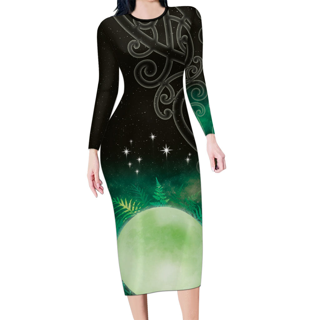 New Zealand Matariki Long Sleeve Bodycon Dress Pleiades Star Cluster Green Galaxy LT05 Long Dress Green - Polynesian Pride