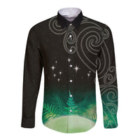 New Zealand Matariki Long Sleeve Button Shirt Pleiades Star Cluster Green Galaxy