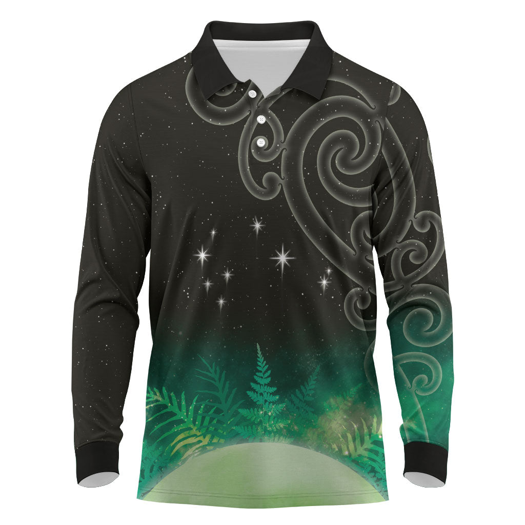 New Zealand Matariki Long Sleeve Polo Shirt Pleiades Star Cluster Green Galaxy LT05 Green - Polynesian Pride