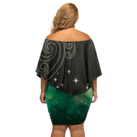 New Zealand Matariki Off Shoulder Short Dress Pleiades Star Cluster Green Galaxy LT05 - Polynesian Pride