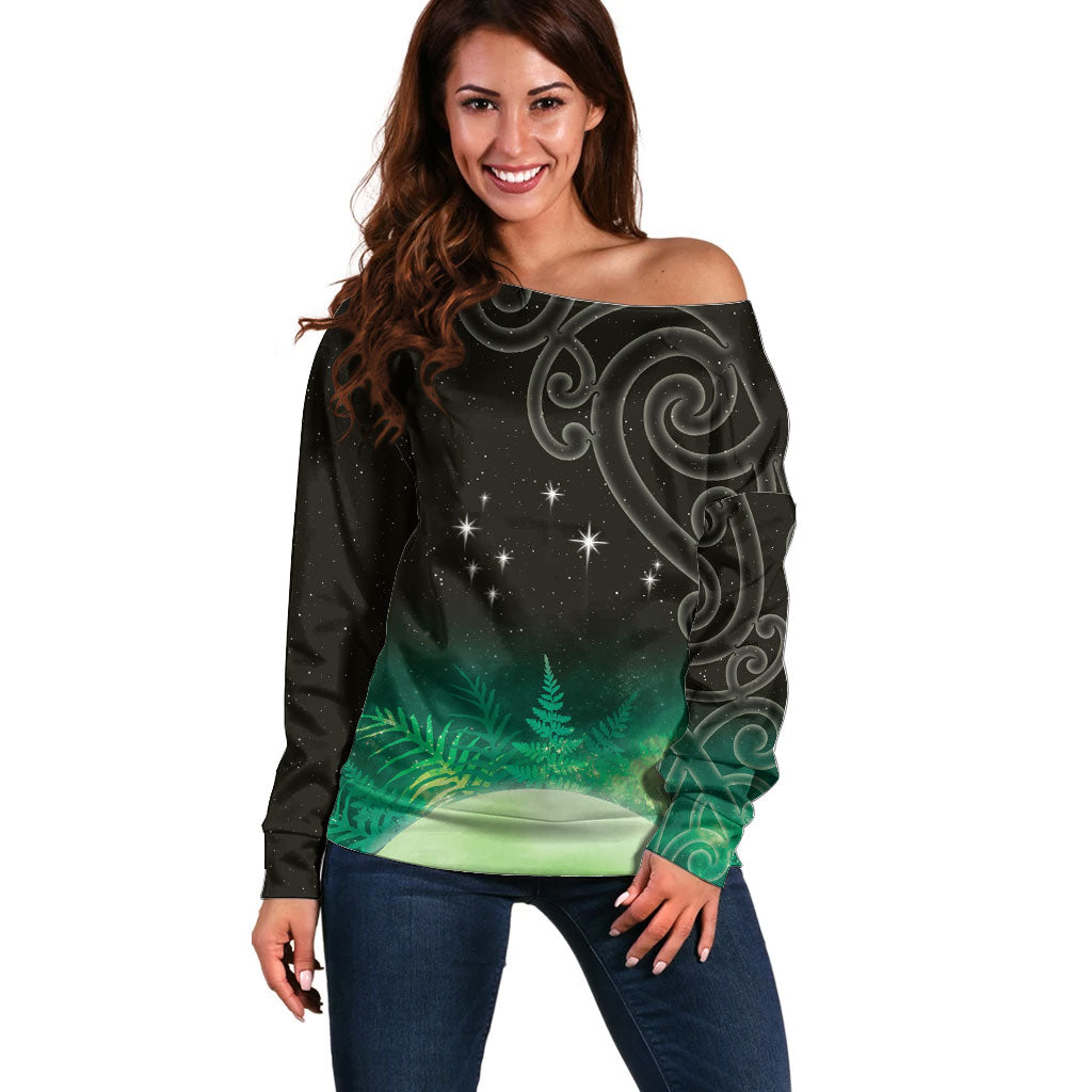 New Zealand Matariki Off Shoulder Sweater Pleiades Star Cluster Green Galaxy