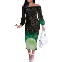 New Zealand Matariki Off The Shoulder Long Sleeve Dress Pleiades Star Cluster Green Galaxy LT05 Women Green - Polynesian Pride