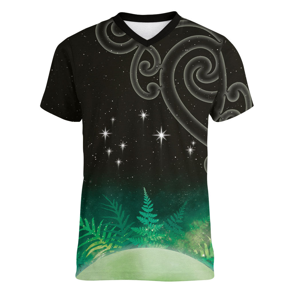 New Zealand Matariki Women V-Neck T-Shirt Pleiades Star Cluster Green Galaxy LT05 Female Green - Polynesian Pride