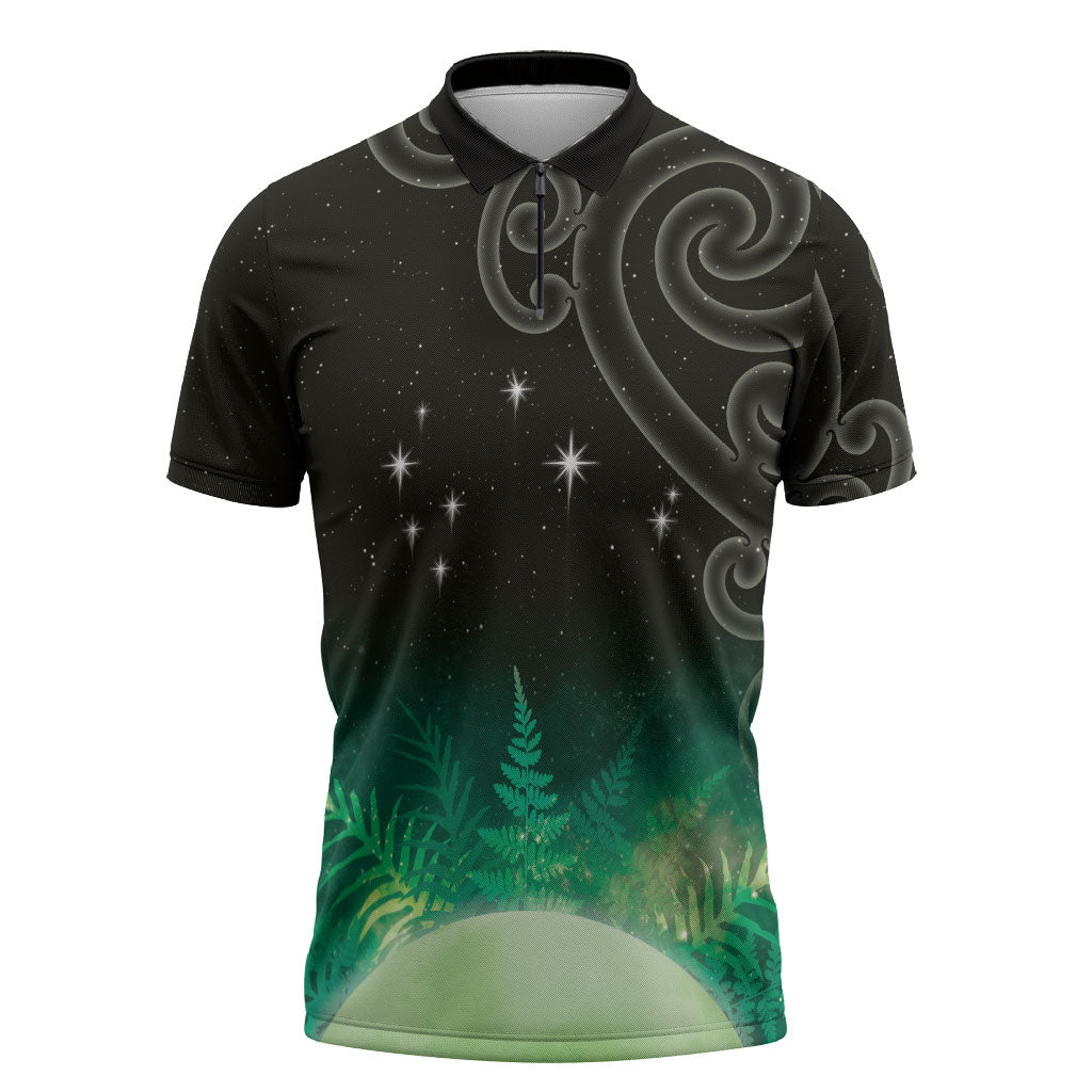 New Zealand Matariki Zipper Polo Shirt Pleiades Star Cluster Green Galaxy LT05 Green - Polynesian Pride