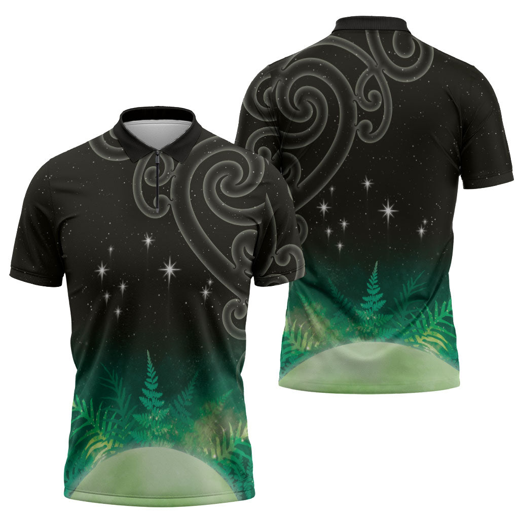 New Zealand Matariki Zipper Polo Shirt Pleiades Star Cluster Green Galaxy LT05 - Polynesian Pride