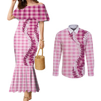 Pink Hawaii Palaka Couples Matching Mermaid Dress and Long Sleeve Button Shirt Hawaiian Honohono Lei LT05 Pink - Polynesian Pride