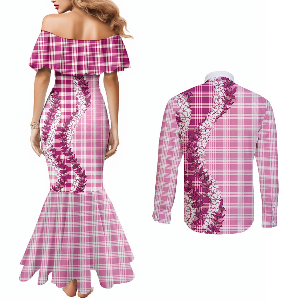 Pink Hawaii Palaka Couples Matching Mermaid Dress and Long Sleeve Button Shirt Hawaiian Honohono Lei LT05 - Polynesian Pride