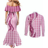 Pink Hawaii Palaka Couples Matching Mermaid Dress and Long Sleeve Button Shirt Hawaiian Honohono Lei LT05 - Polynesian Pride