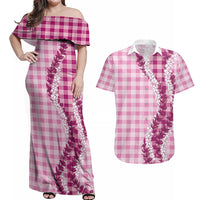 Pink Hawaii Palaka Couples Matching Off Shoulder Maxi Dress and Hawaiian Shirt Hawaiian Honohono Lei LT05 Pink - Polynesian Pride