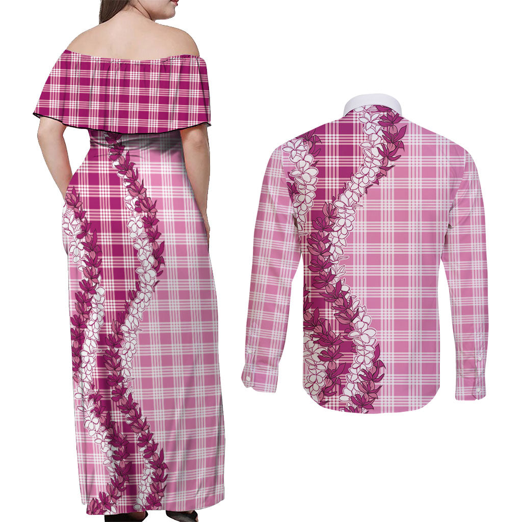 Pink Hawaii Palaka Couples Matching Off Shoulder Maxi Dress and Long Sleeve Button Shirt Hawaiian Honohono Lei LT05 - Polynesian Pride
