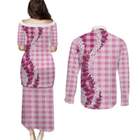 Pink Hawaii Palaka Couples Matching Puletasi and Long Sleeve Button Shirt Hawaiian Honohono Lei LT05 - Polynesian Pride