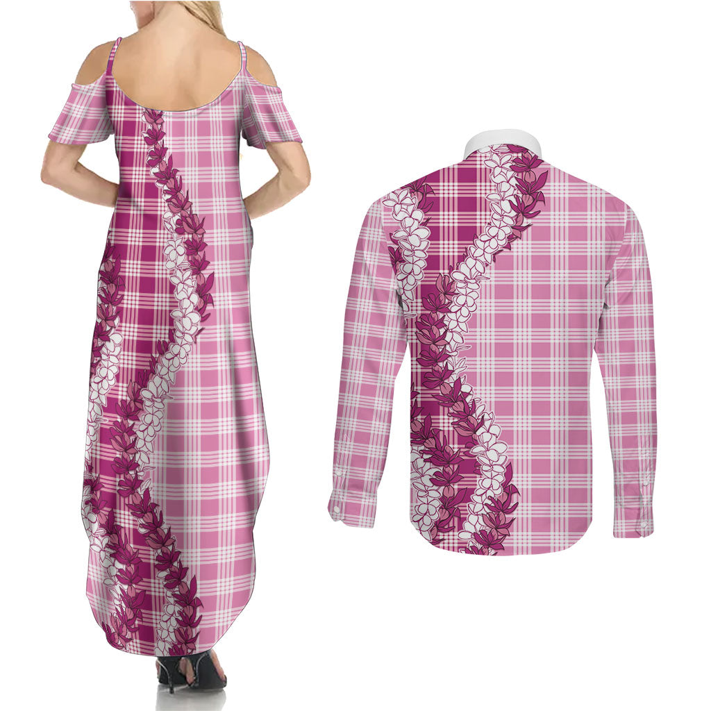 Pink Hawaii Palaka Couples Matching Summer Maxi Dress and Long Sleeve Button Shirt Hawaiian Honohono Lei LT05 - Polynesian Pride
