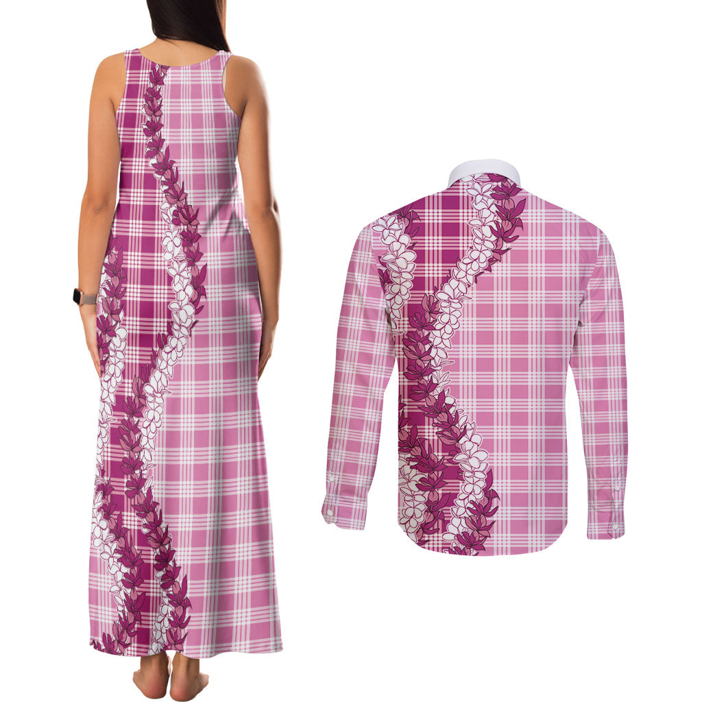 Pink Hawaii Palaka Couples Matching Tank Maxi Dress and Long Sleeve Button Shirt Hawaiian Honohono Lei LT05 - Polynesian Pride