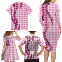 Pink Hawaii Palaka Family Matching Long Sleeve Bodycon Dress and Hawaiian Shirt Hawaiian Honohono Lei LT05 - Polynesian Pride