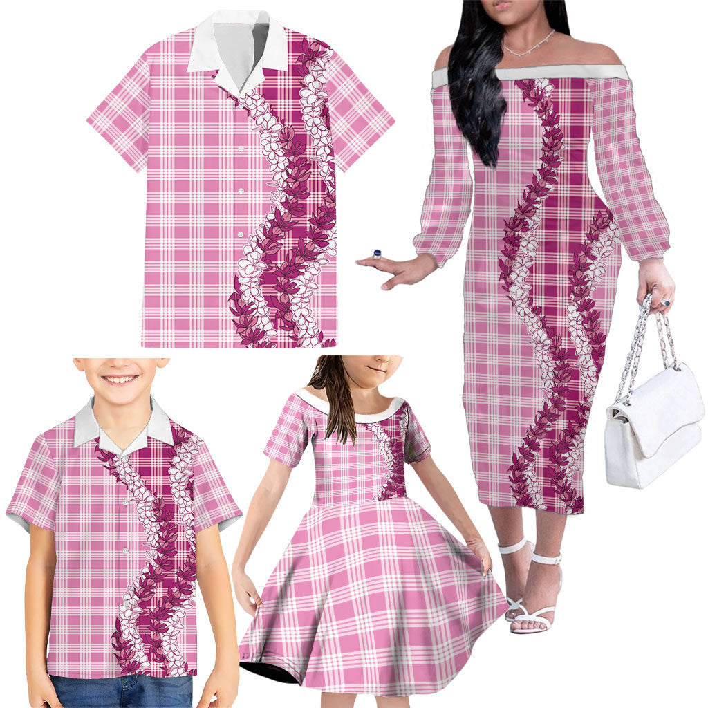 Pink Hawaii Palaka Family Matching Off The Shoulder Long Sleeve Dress and Hawaiian Shirt Hawaiian Honohono Lei LT05 - Polynesian Pride