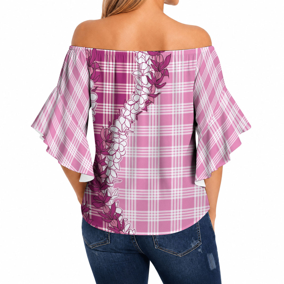 Pink Hawaii Palaka Off Shoulder Wrap Waist Top Hawaiian Honohono Lei LT05 - Polynesian Pride