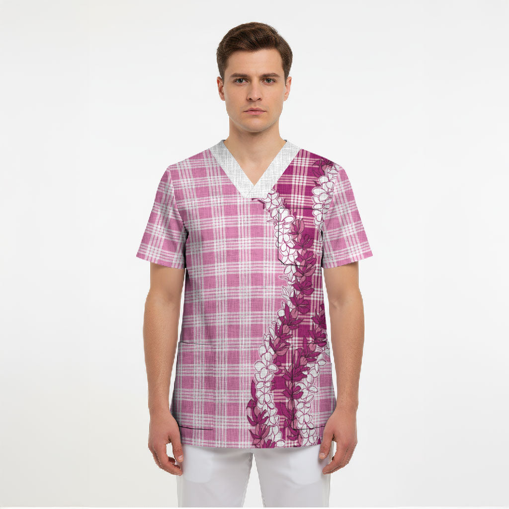 Pink Hawaii Palaka Scrub Top Hawaiian Honohono Lei