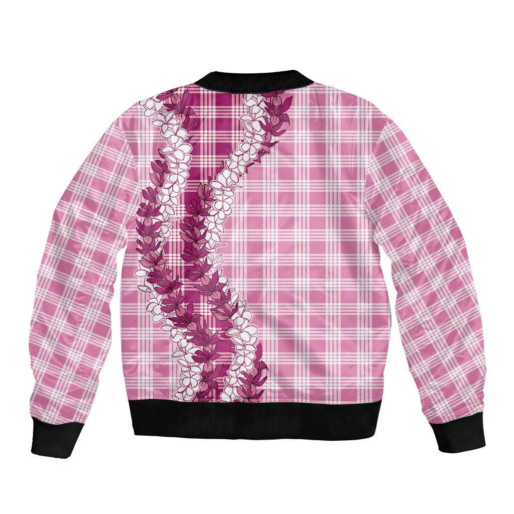 Pink Hawaii Palaka Sleeve Zip Bomber Jacket Hawaiian Honohono Lei