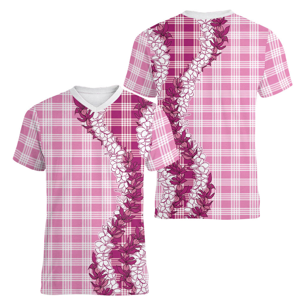 Pink Hawaii Palaka Women V-Neck T-Shirt Hawaiian Honohono Lei LT05 - Polynesian Pride