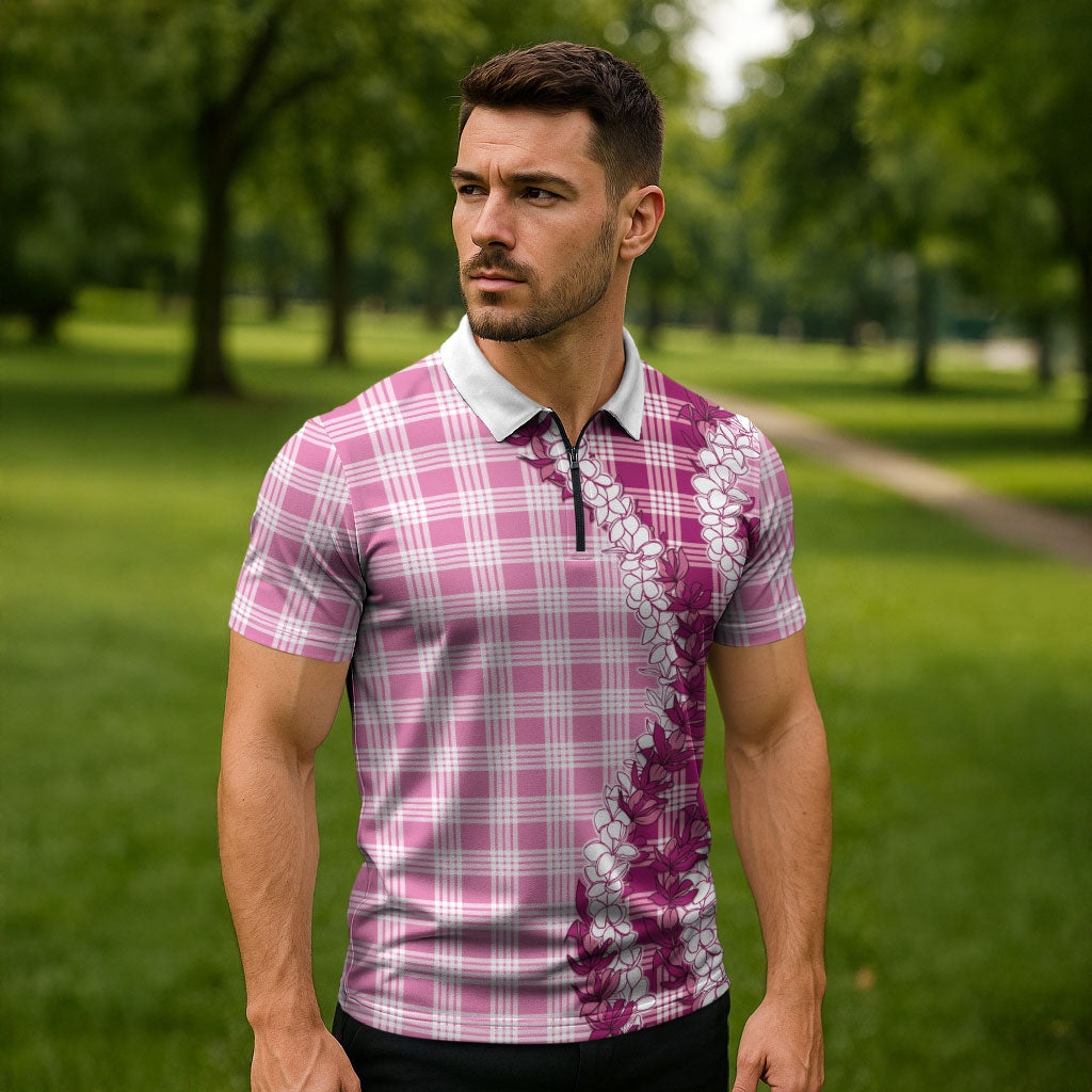 Pink Hawaii Palaka Zipper Polo Shirt Hawaiian Honohono Lei