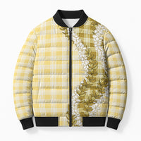 Yellow Hawaii Palaka Bomber Puffer Jacket Hawaiian Honohono Lei