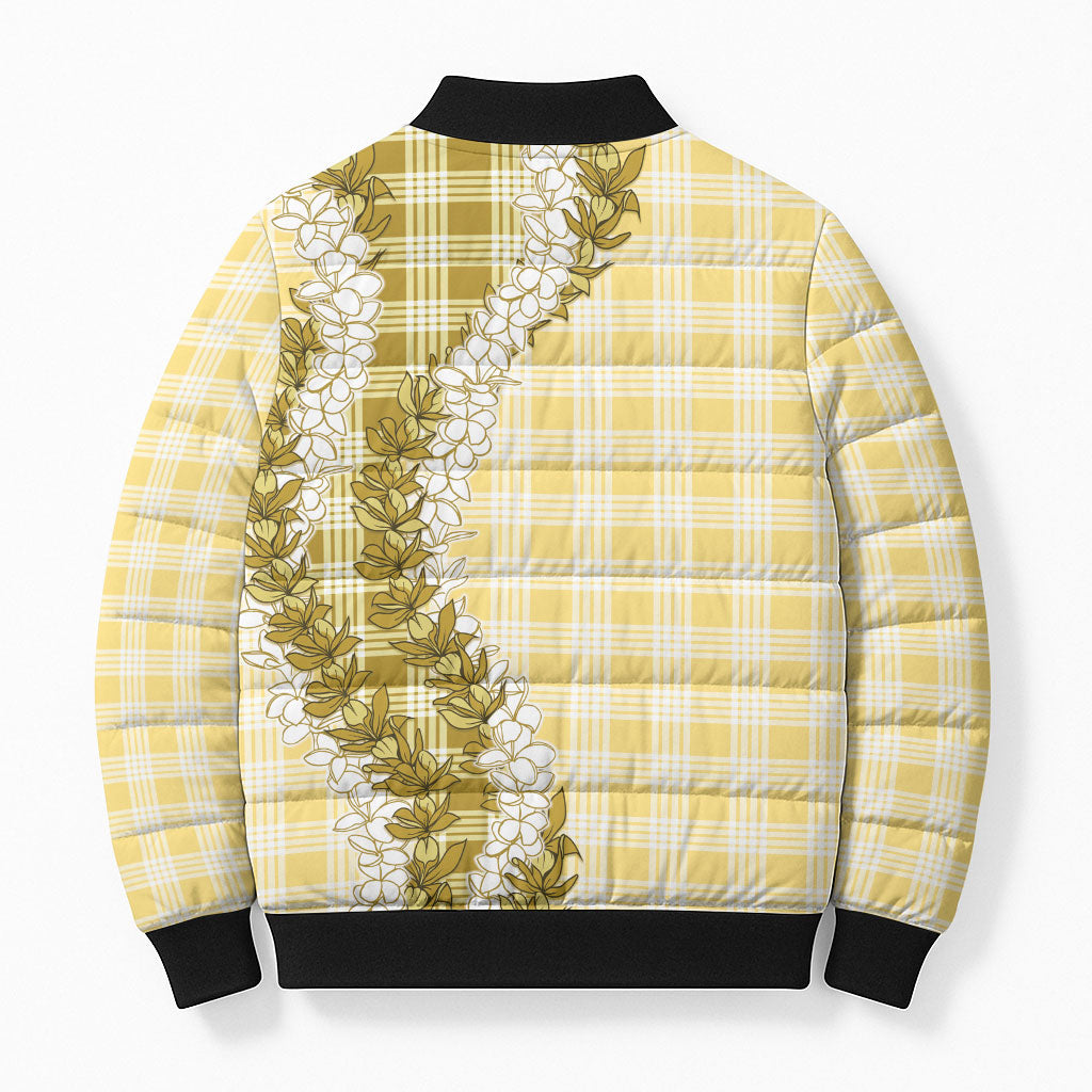 Yellow Hawaii Palaka Bomber Puffer Jacket Hawaiian Honohono Lei