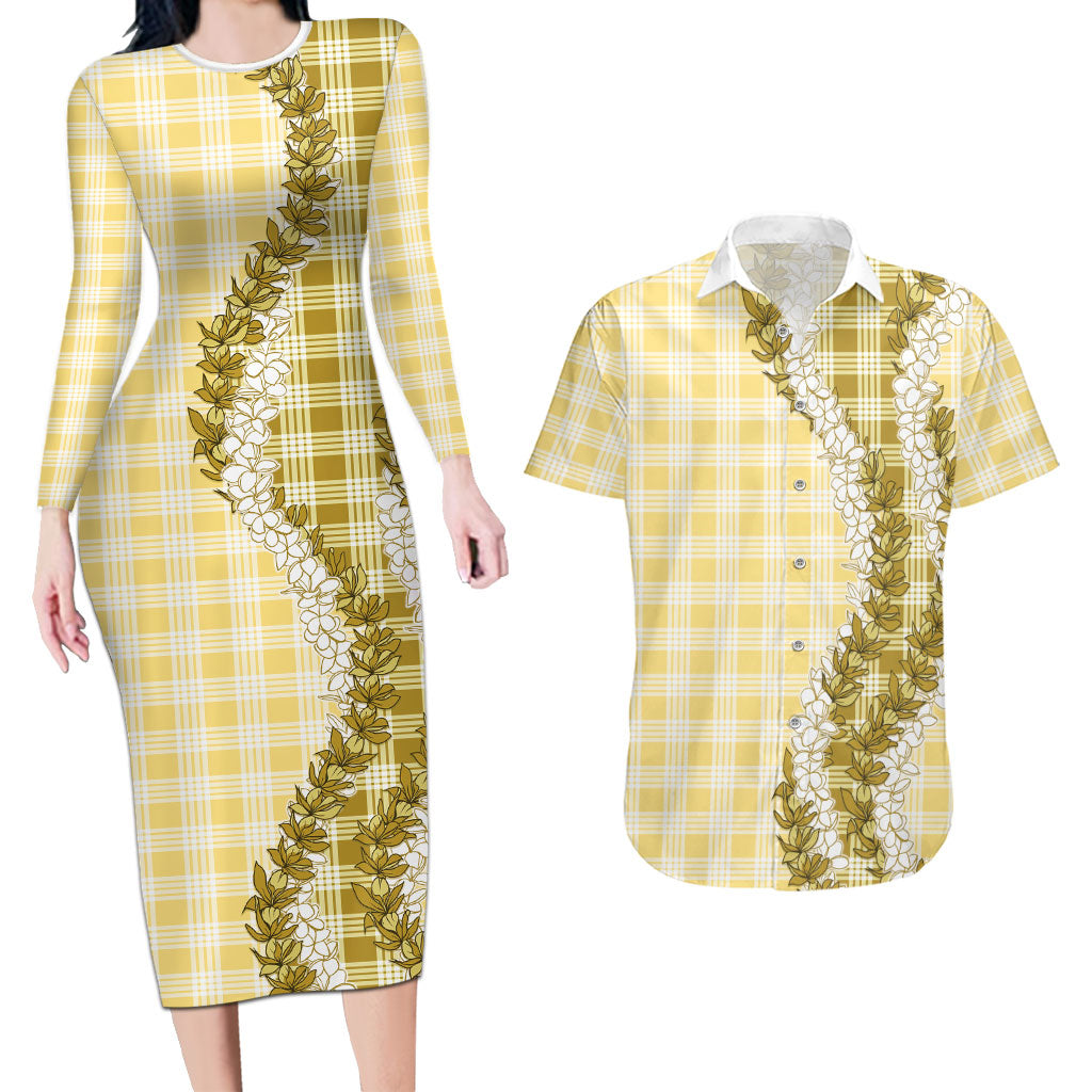 Yellow Hawaii Palaka Couples Matching Long Sleeve Bodycon Dress and Hawaiian Shirt Hawaiian Honohono Lei LT05 Yellow - Polynesian Pride